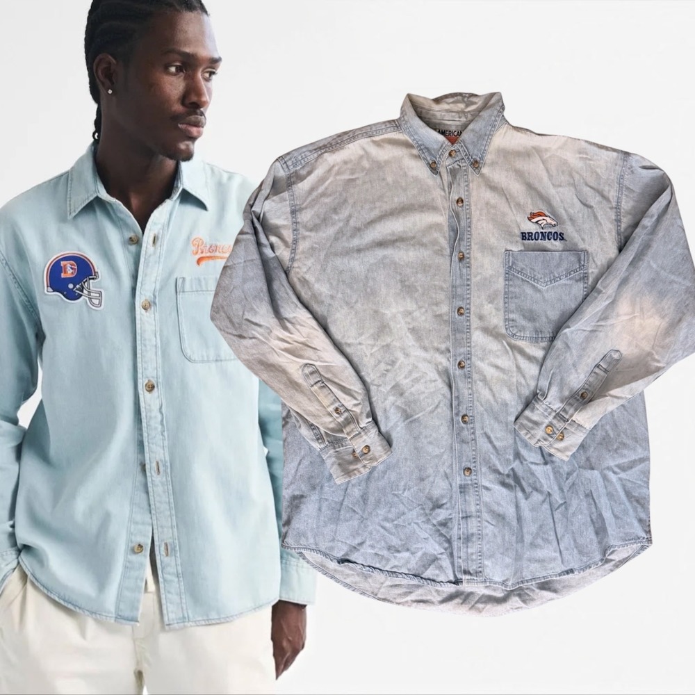 American Star Denim Shirt Denver Broncos Acid Wash Blue XL